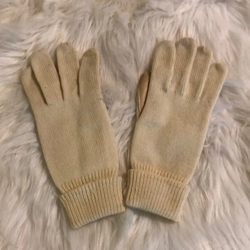 Ladies Vintage Knit Gloves Faux Leather Palms